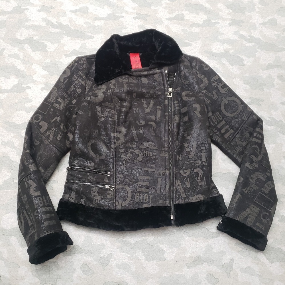 Denimaxx Jacket Women's Small Black Full‎ Zip 4474 Fur Lined All Over Print